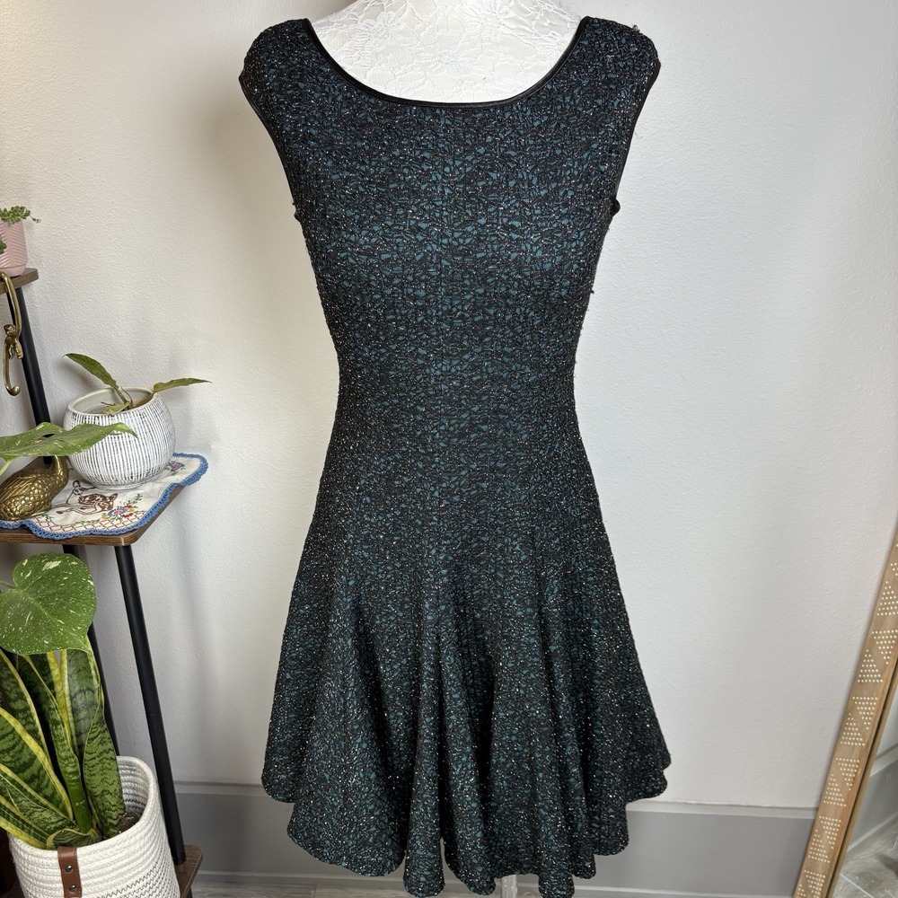 Maggy London Womens 4 Teal Fit Flare Dress Cocktail Party Metallic Textured